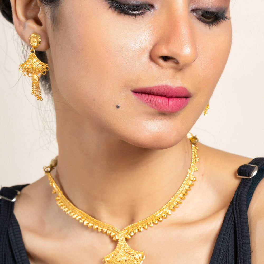 Gold Plated Sleek Necklace with Matching Stud Earrings Jewelry Set - Jewelry for All Occasions - Lookandadorn.com