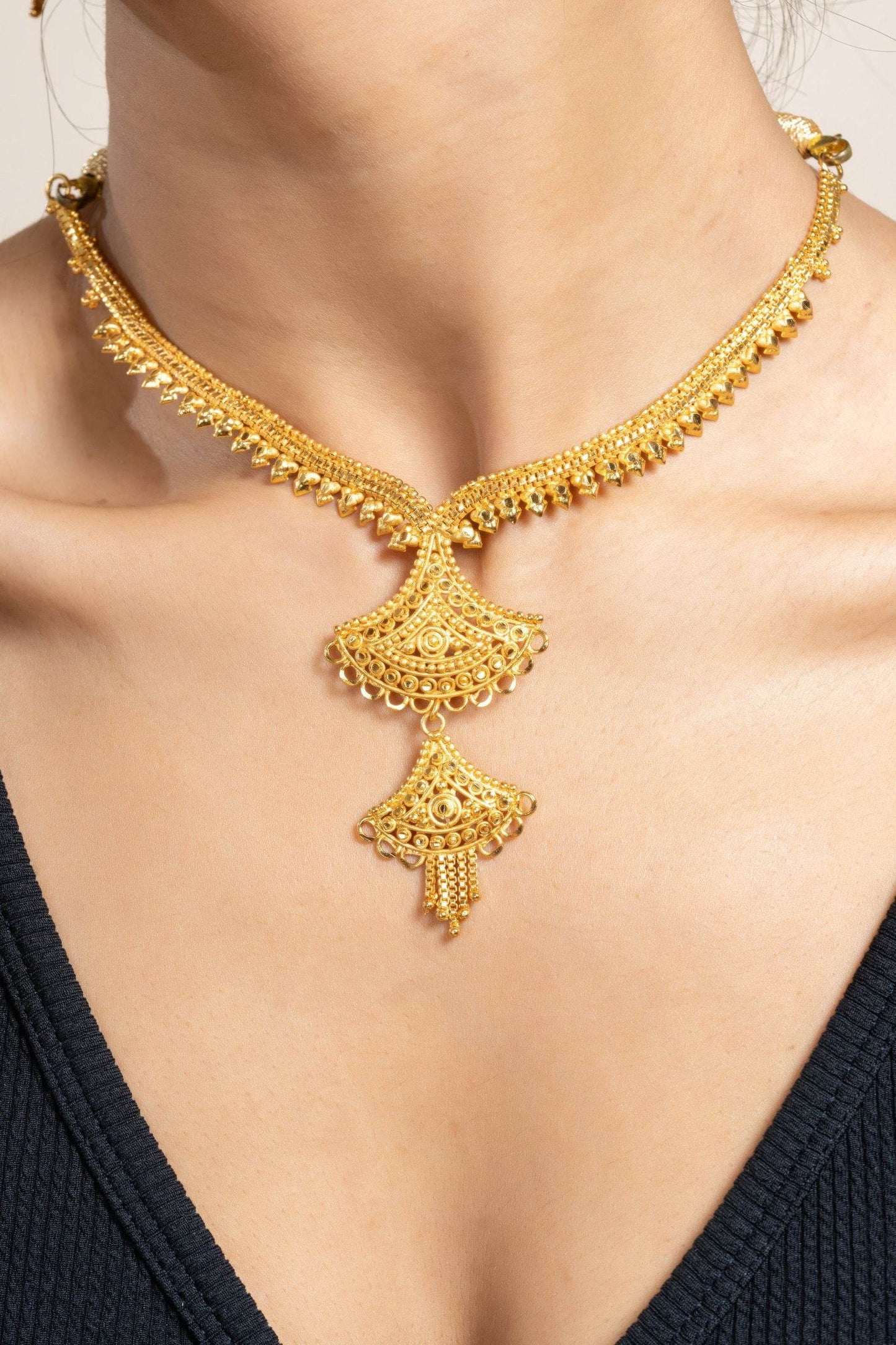 Gold Plated Sleek Necklace with Matching Stud Earrings Jewelry Set - Jewelry for All Occasions - Lookandadorn.com