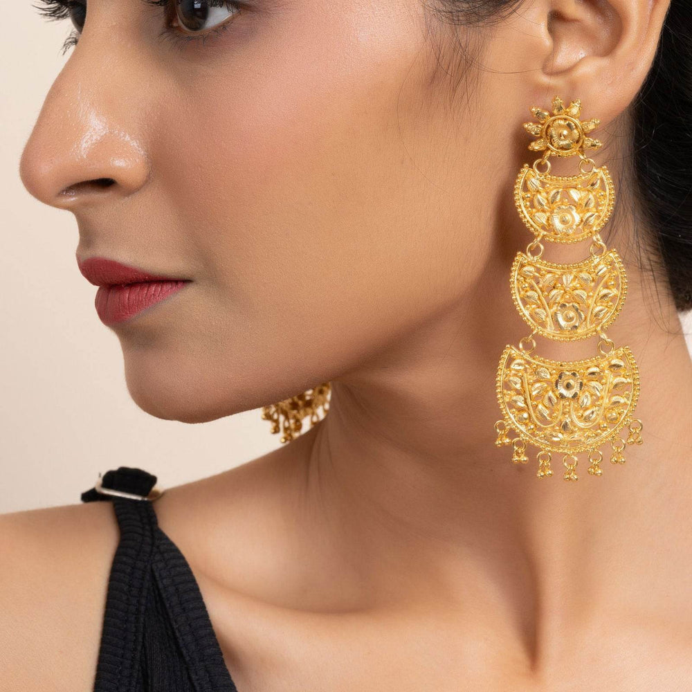 Gold Plated Three Layer Chandbali Earrings with Floral Design - Copper Based Jewelry - Lookandadorn.com