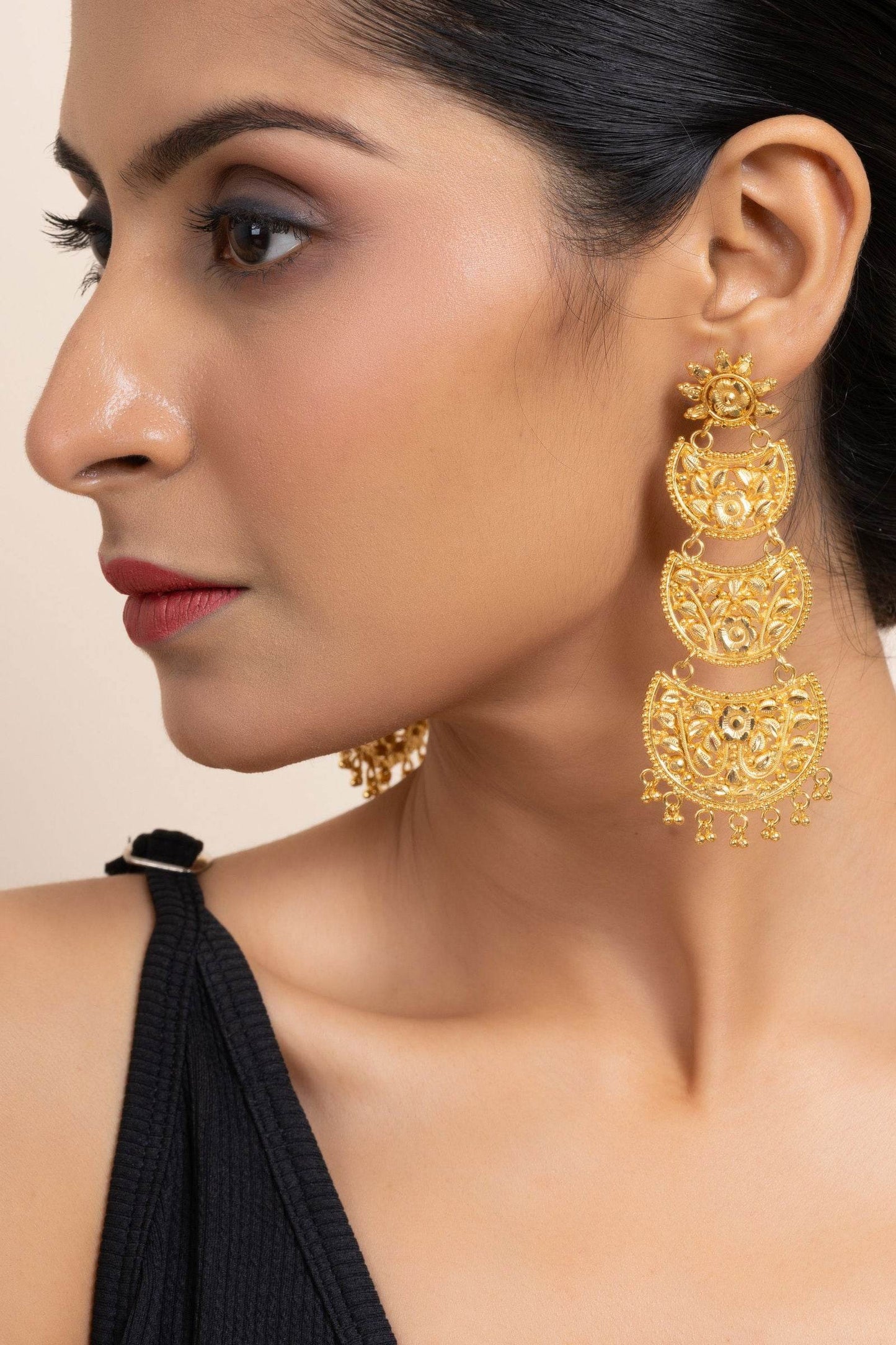 Gold Plated Three Layer Chandbali Earrings with Floral Design - Copper Based Jewelry - Lookandadorn.com