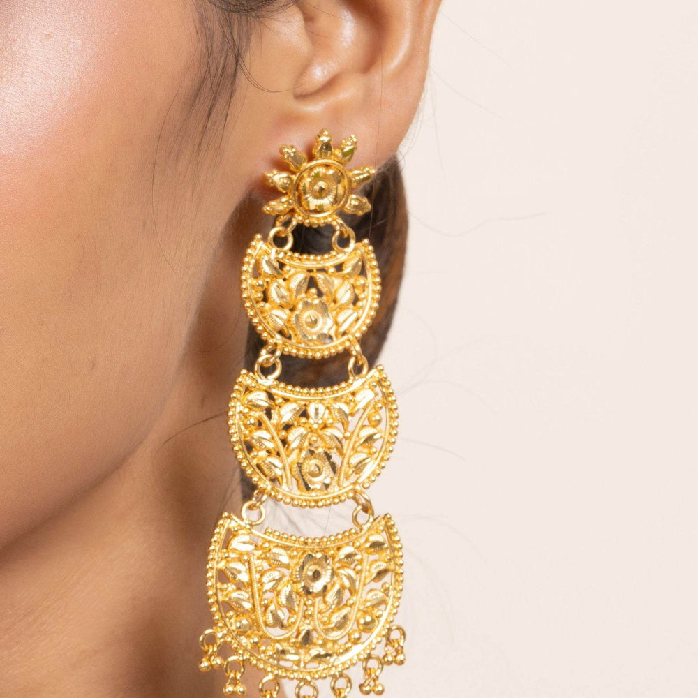 Gold Plated Three Layer Chandbali Earrings with Floral Design - Copper Based Jewelry - Lookandadorn.com