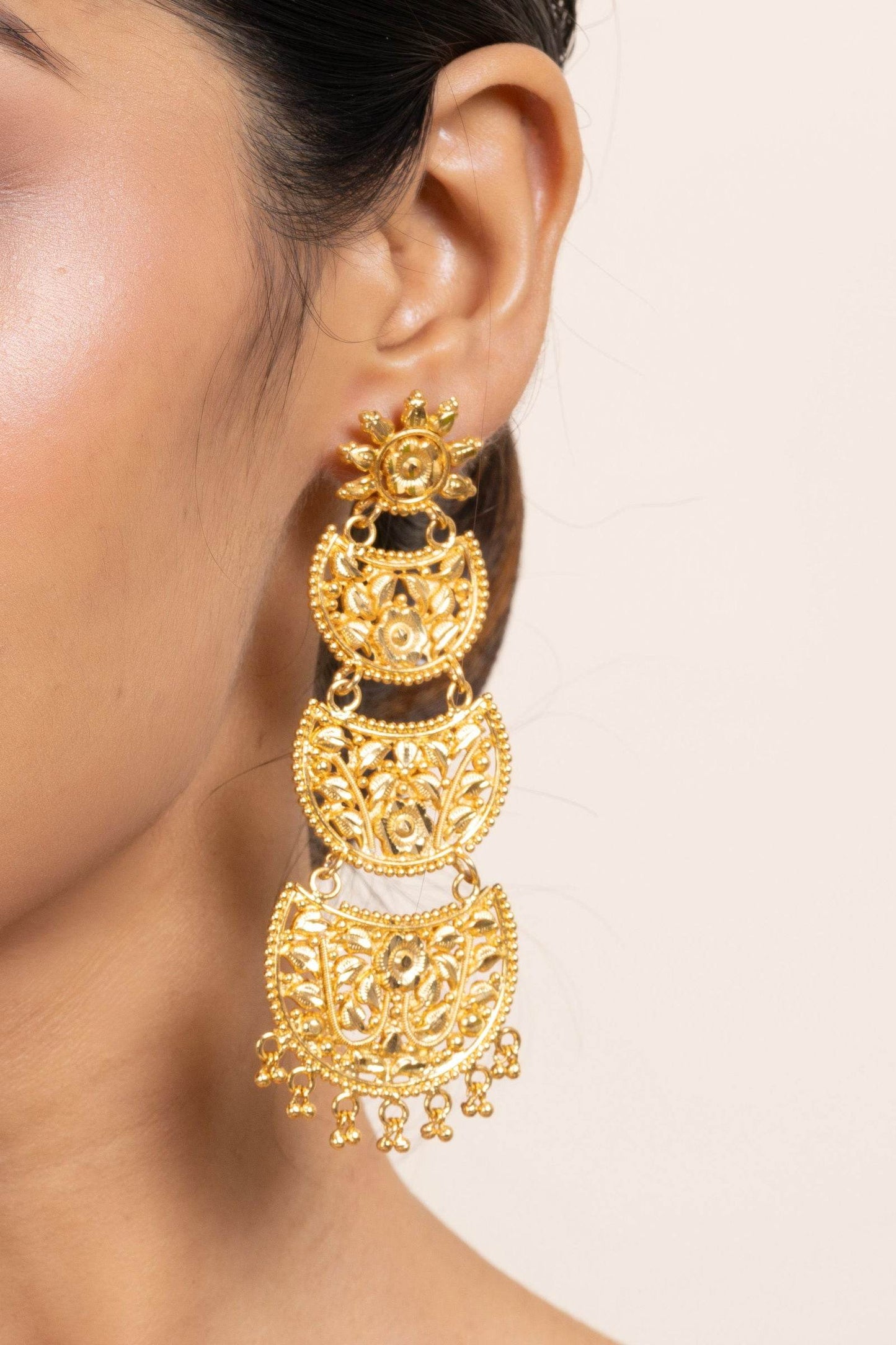 Gold Plated Three Layer Chandbali Earrings with Floral Design - Copper Based Jewelry - Lookandadorn.com
