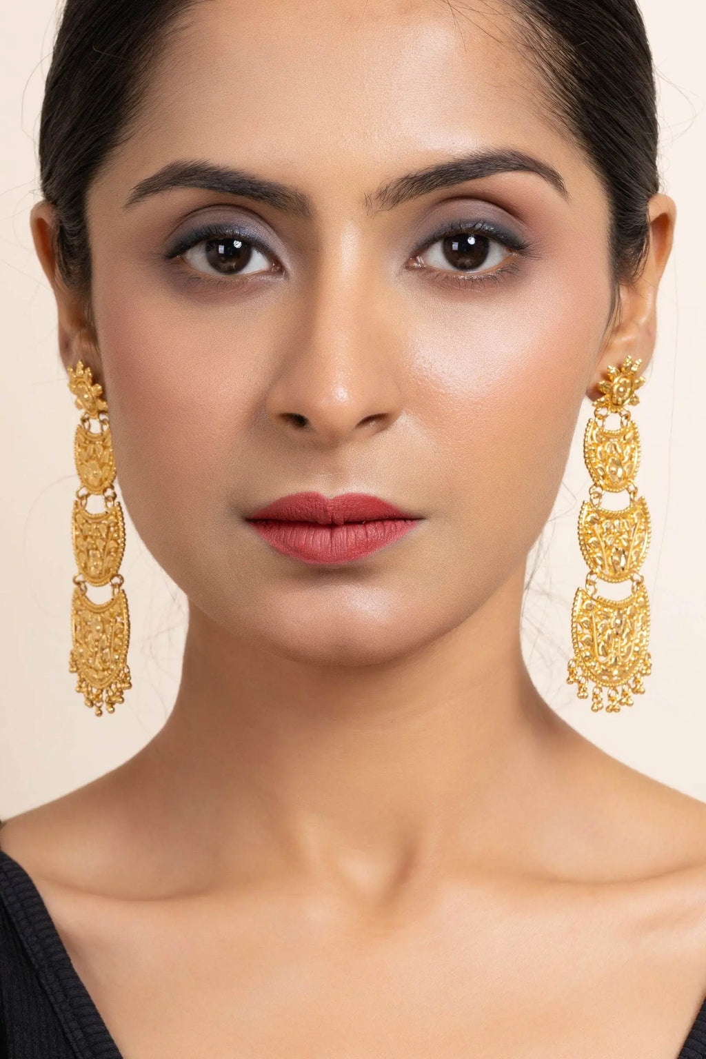 Gold Plated Three Layer Chandbali Earrings with Floral Design - Copper Based Jewelry - Lookandadorn.com