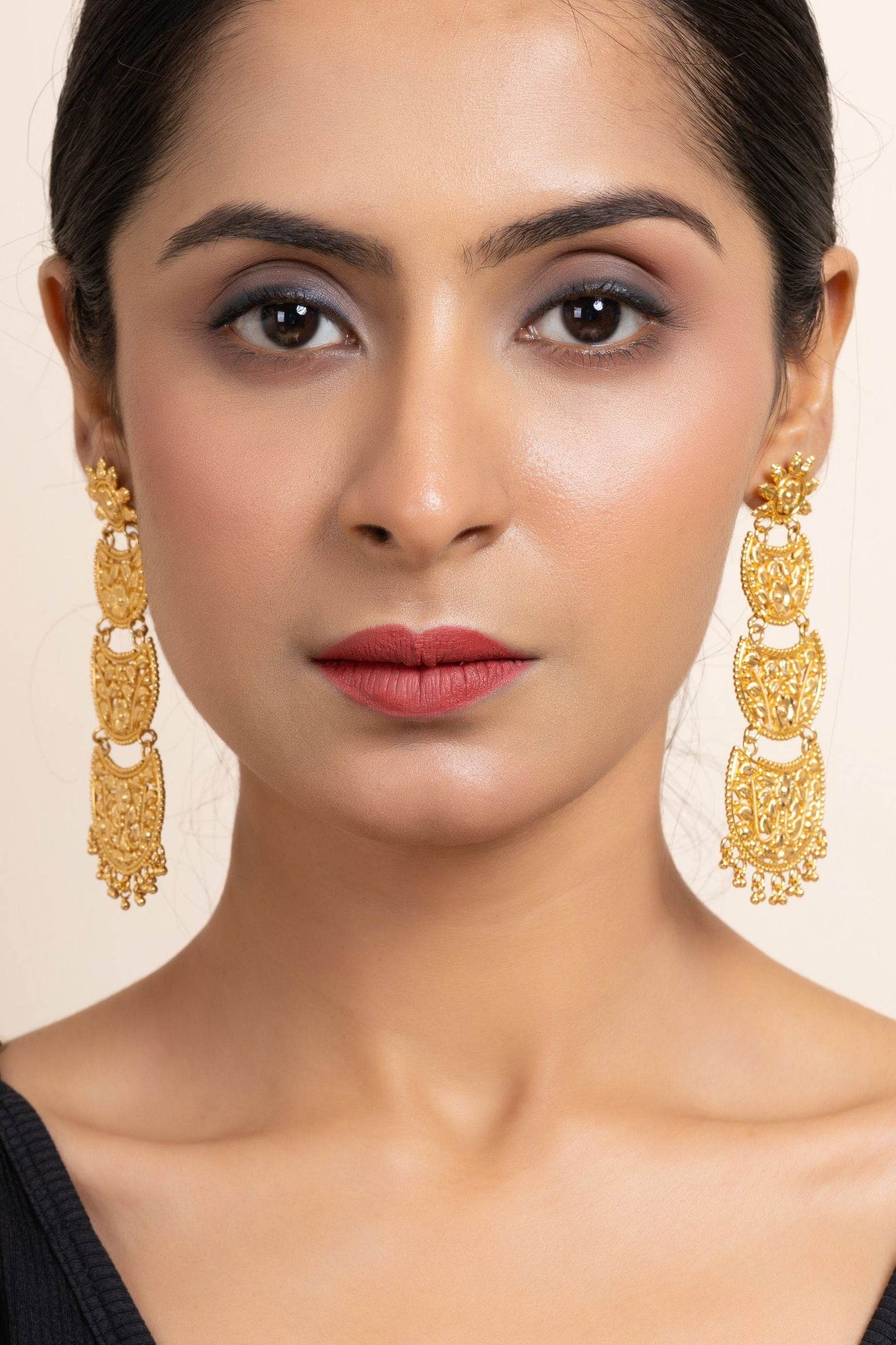 Gold Plated Three Layer Chandbali Earrings with Floral Design - Copper Based Jewelry - Lookandadorn.com
