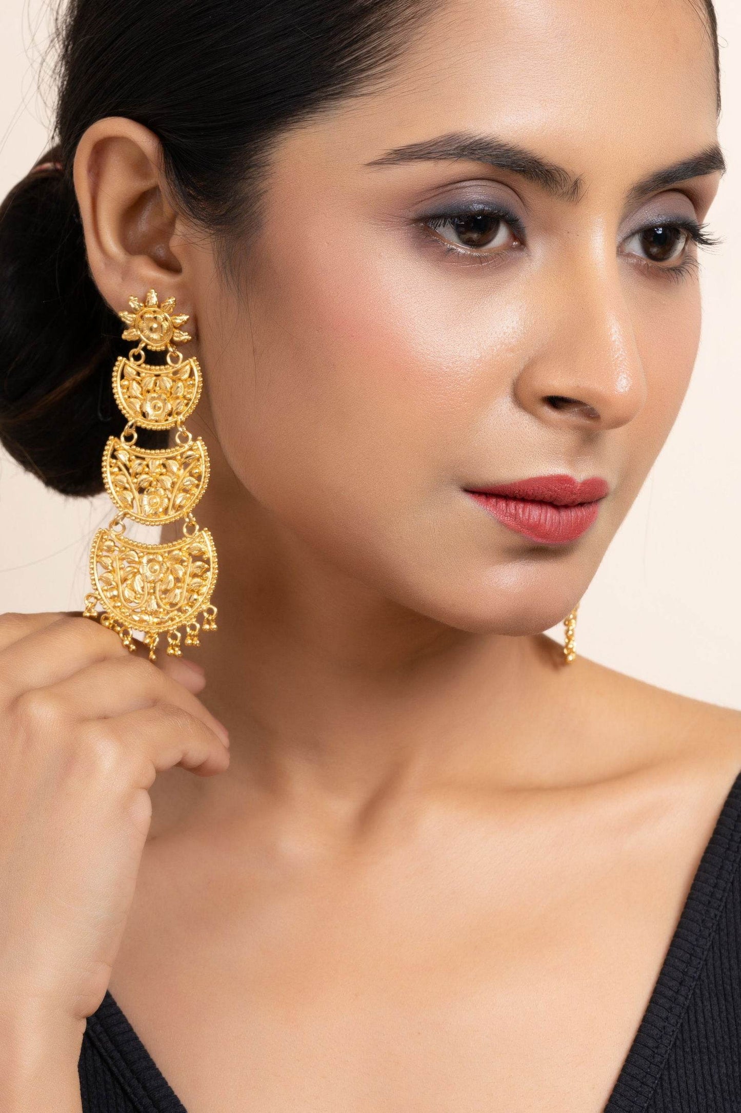 Gold Plated Three Layer Chandbali Earrings with Floral Design - Copper Based Jewelry - Lookandadorn.com