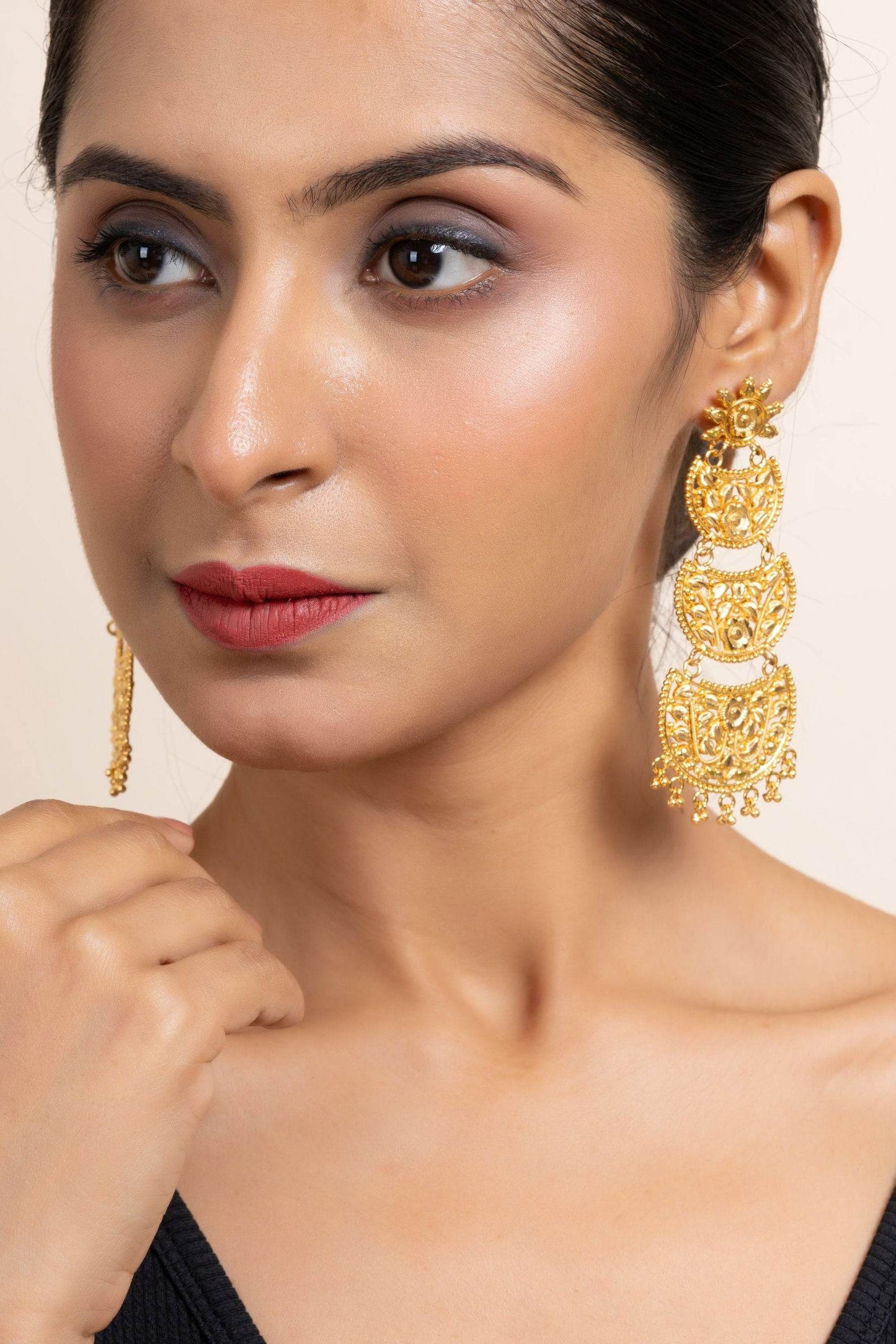 Gold Plated Three Layer Chandbali Earrings with Floral Design - Copper Based Jewelry - Lookandadorn.com