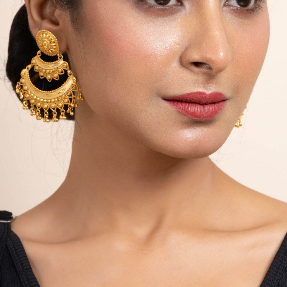 Gold Plated Two Layer Chandbali Earrings with Round Stud Design -Designer Copper Jewelry - Lookandadorn.com