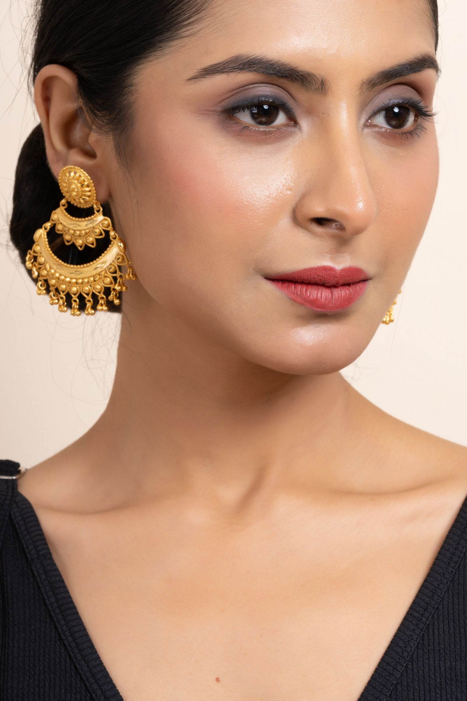Gold Plated Two Layer Chandbali Earrings with Round Stud Design -Designer Copper Jewelry - Lookandadorn.com