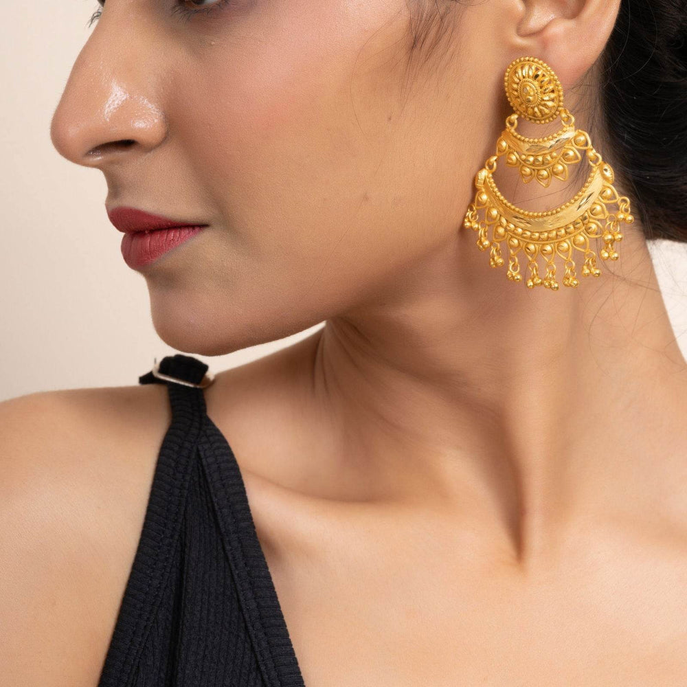 Gold Plated Two Layer Chandbali Earrings with Round Stud Design -Designer Copper Jewelry - Lookandadorn.com