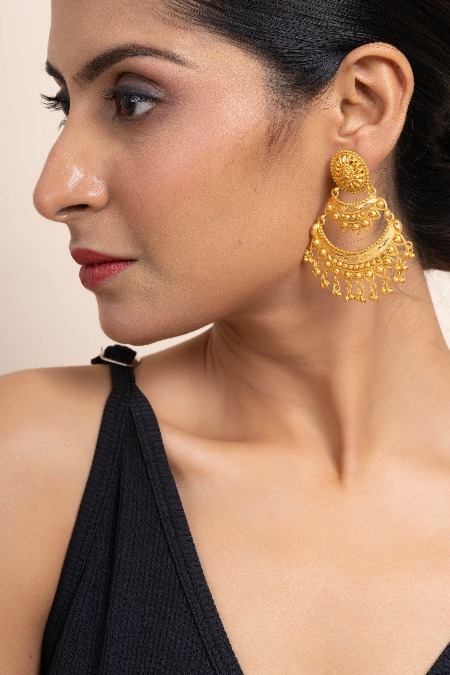 Gold Plated Two Layer Chandbali Earrings with Round Stud Design -Designer Copper Jewelry - Lookandadorn.com