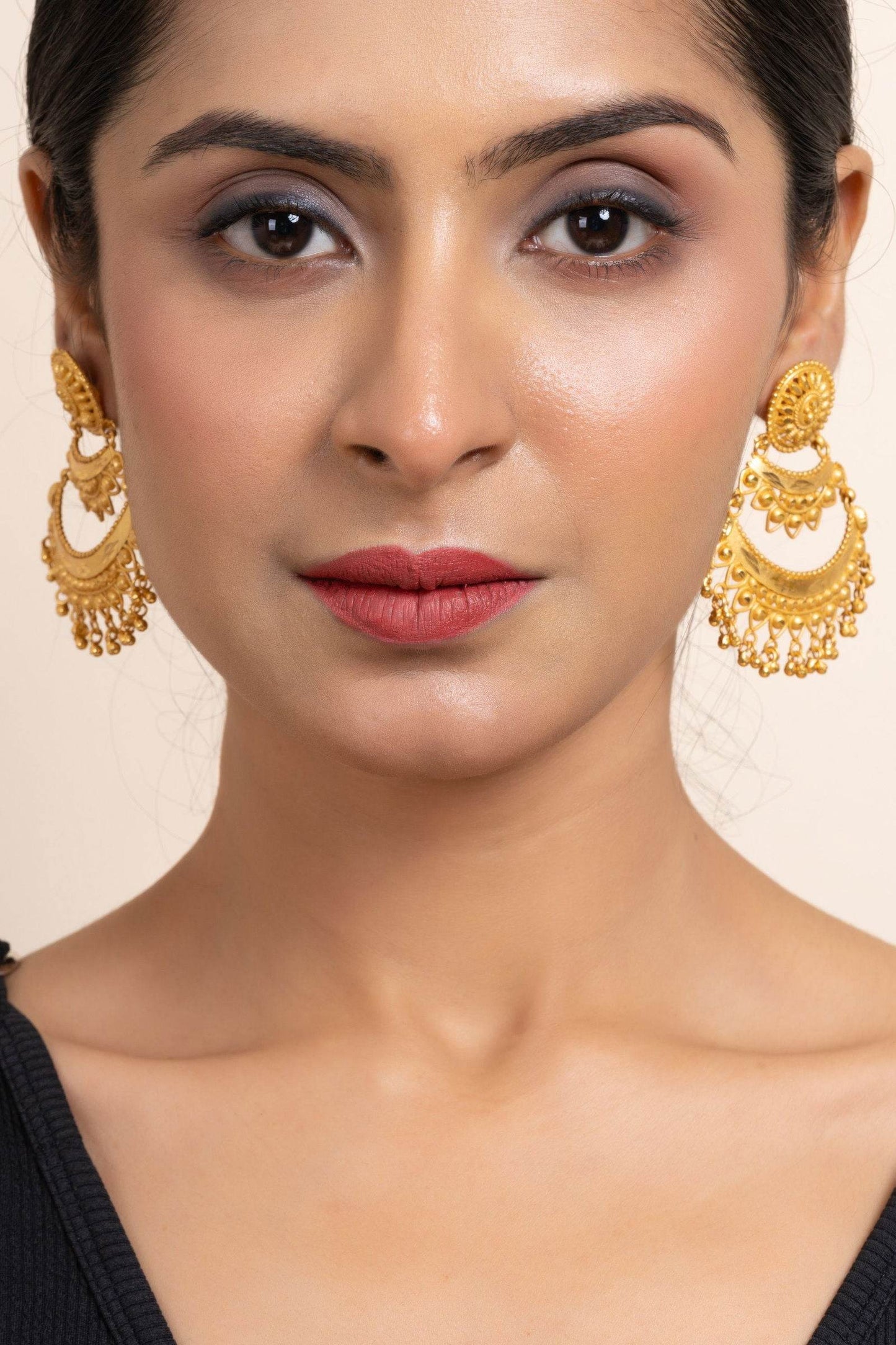 Gold Plated Two Layer Chandbali Earrings with Round Stud Design -Designer Copper Jewelry - Lookandadorn.com