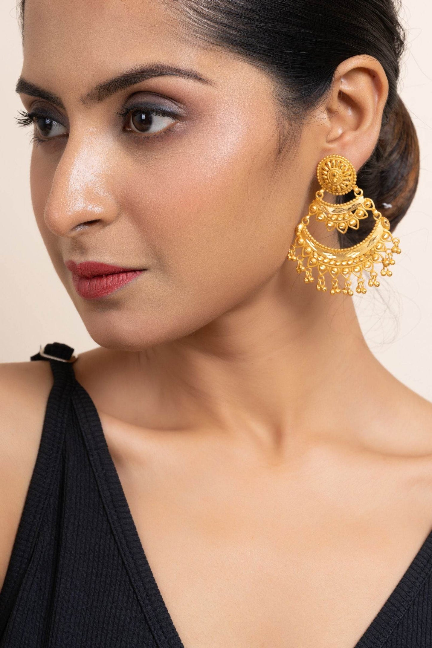 Gold Plated Two Layer Chandbali Earrings with Round Stud Design -Designer Copper Jewelry - Lookandadorn.com
