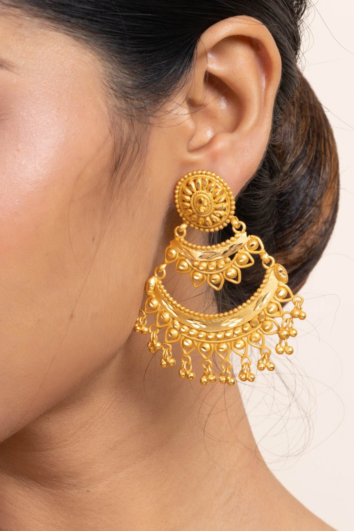 Gold Plated Two Layer Chandbali Earrings with Round Stud Design -Designer Copper Jewelry - Lookandadorn.com