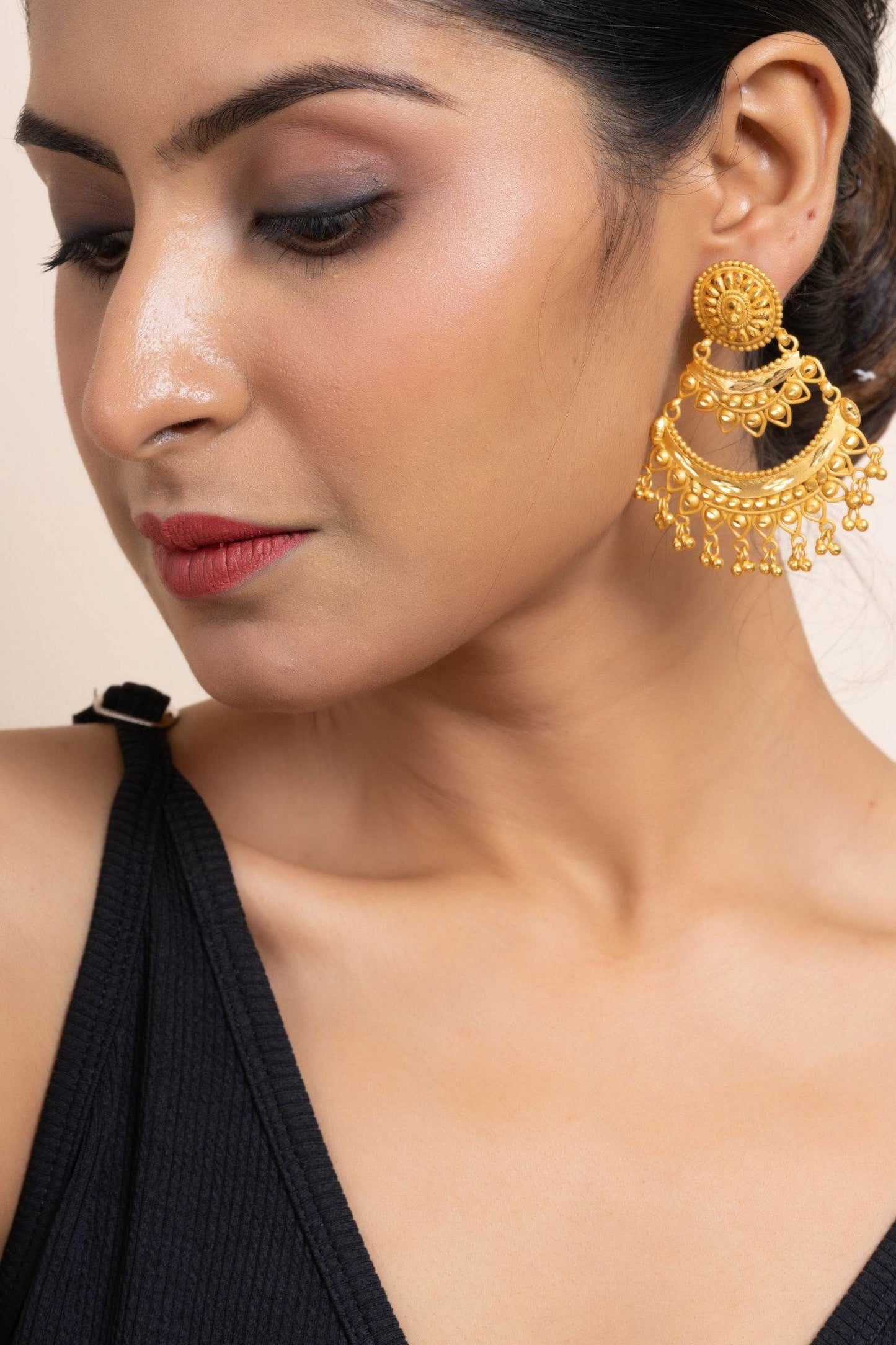 Gold Plated Two Layer Chandbali Earrings with Round Stud Design -Designer Copper Jewelry - Lookandadorn.com