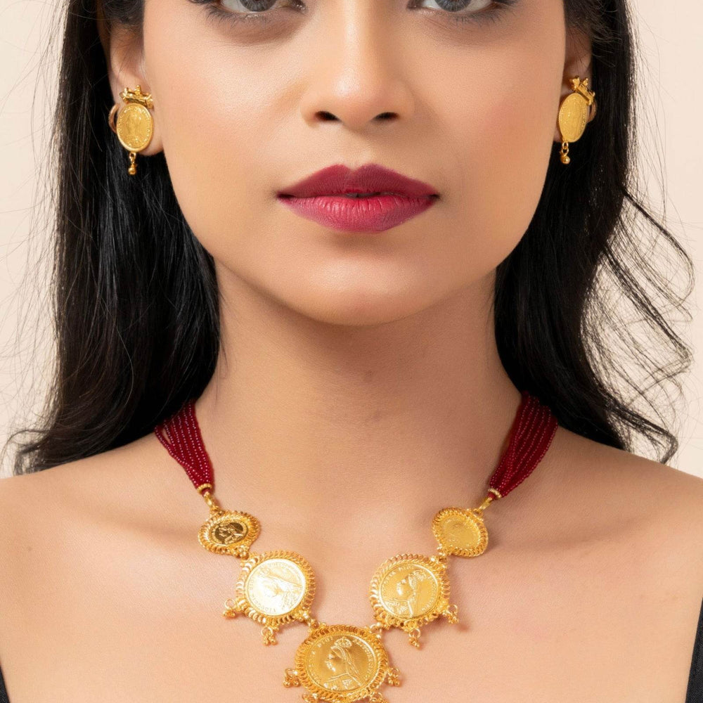 Gold Plated Victorian Coin Necklace with Red Tassel & Coin Stud Earrings Jewelry Set - Lookandadorn.com