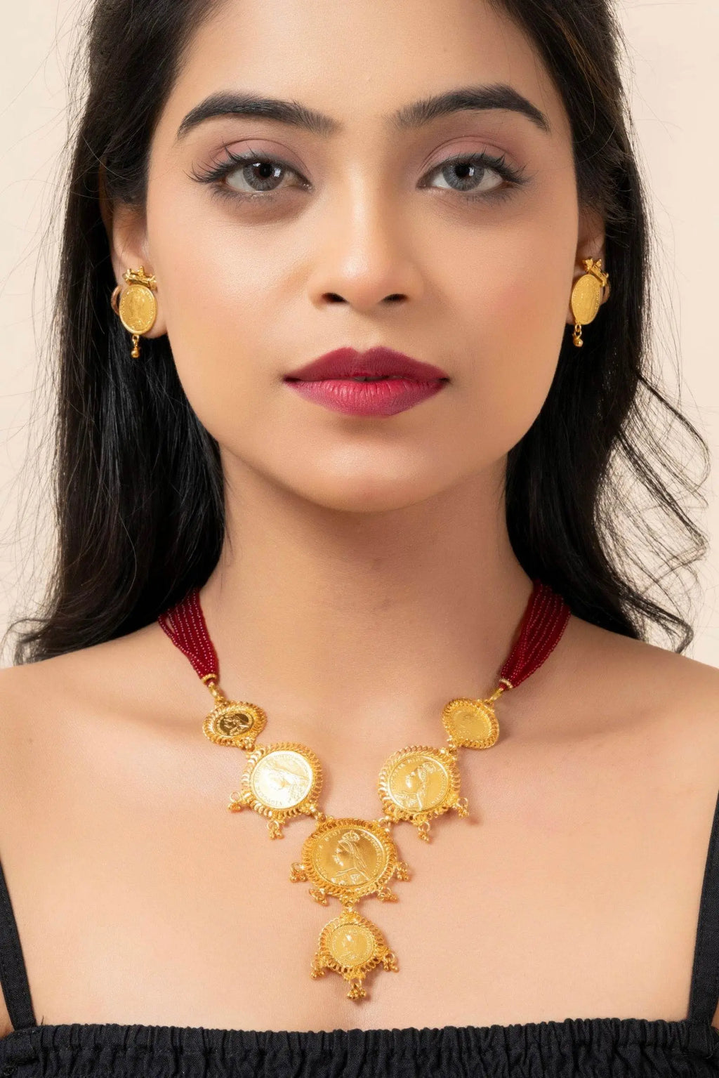 Gold Plated Victorian Coin Necklace with Red Tassel & Coin Stud Earrings Jewelry Set - Lookandadorn.com