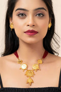 Gold Plated Victorian Coin Necklace with Red Tassel & Coin Stud Earrings Jewelry Set - Lookandadorn.com