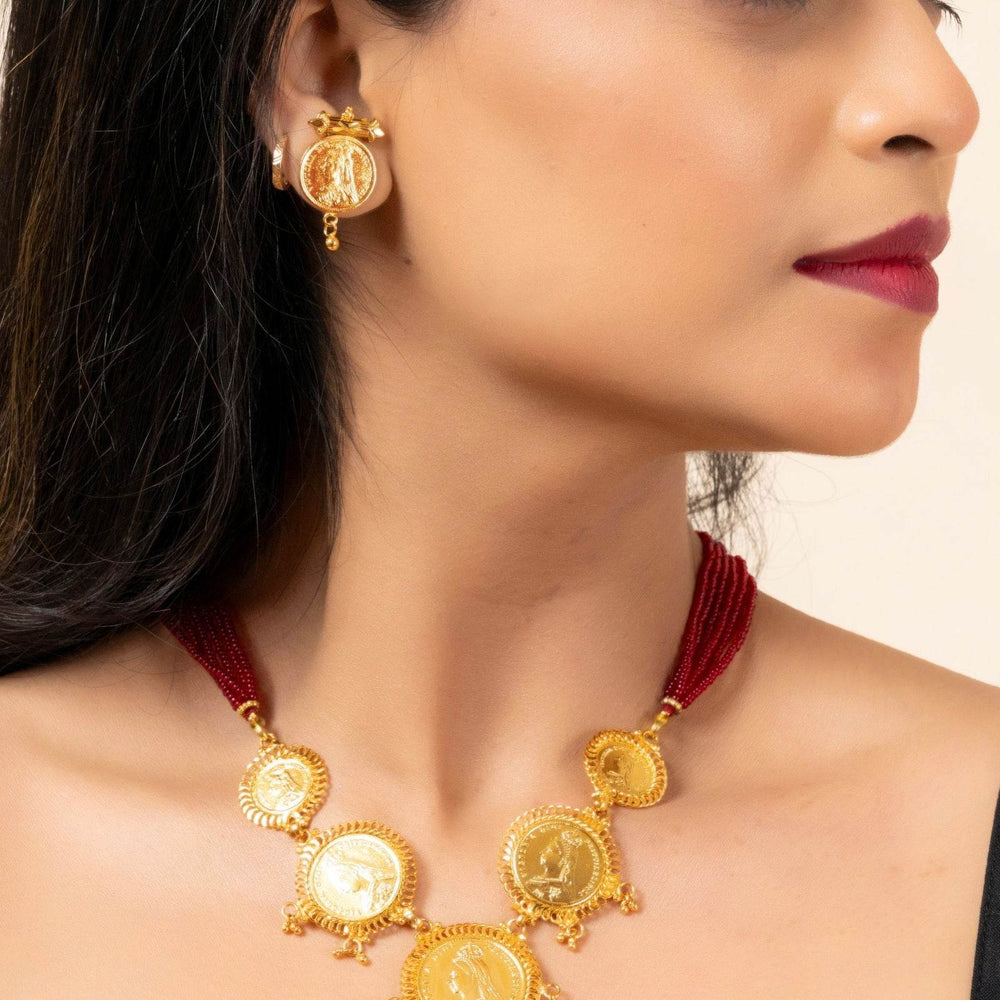 Gold Plated Victorian Coin Necklace with Red Tassel & Coin Stud Earrings Jewelry Set - Lookandadorn.com