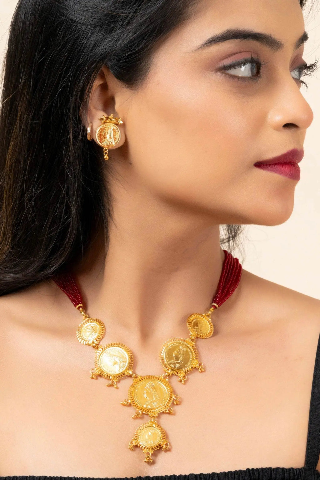 Gold Plated Victorian Coin Necklace with Red Tassel & Coin Stud Earrings Jewelry Set - Lookandadorn.com