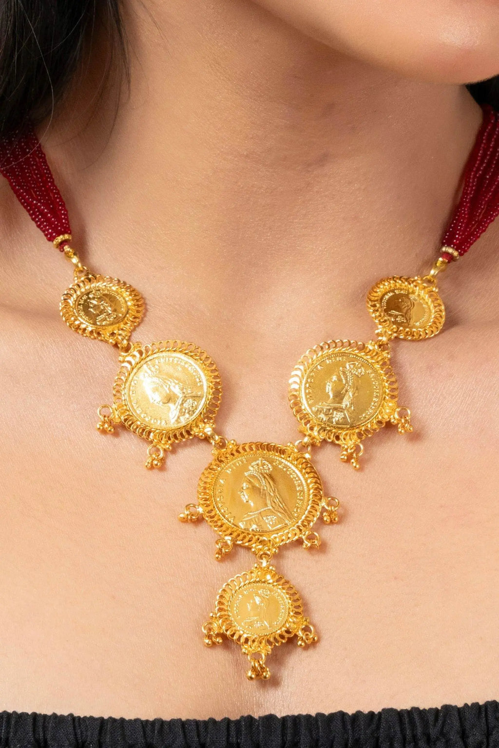 Gold Plated Victorian Coin Necklace with Red Tassel & Coin Stud Earrings Jewelry Set - Lookandadorn.com