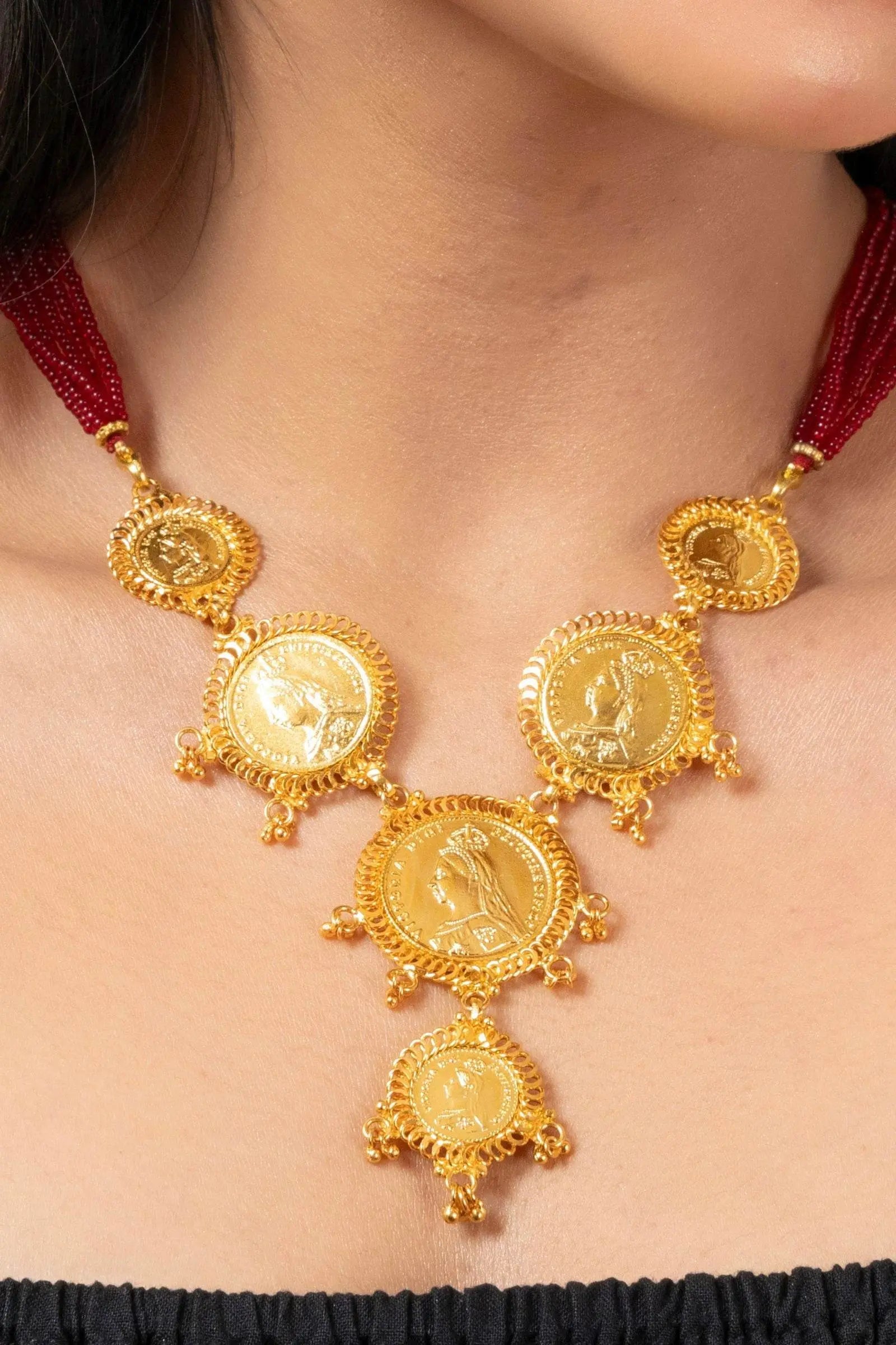 Gold Plated Victorian Coin Necklace with Red Tassel & Coin Stud Earrings Jewelry Set - Lookandadorn.com
