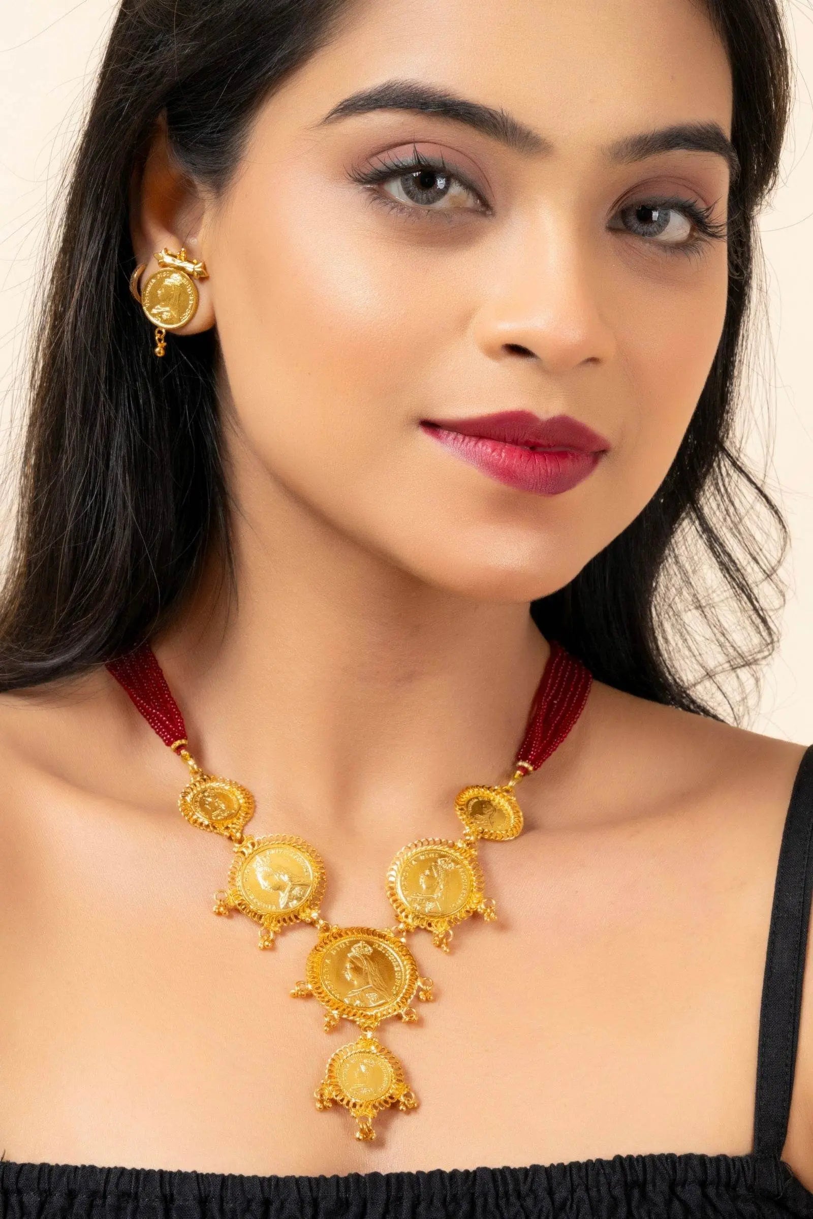 Gold Plated Victorian Coin Necklace with Red Tassel & Coin Stud Earrings Jewelry Set - Lookandadorn.com