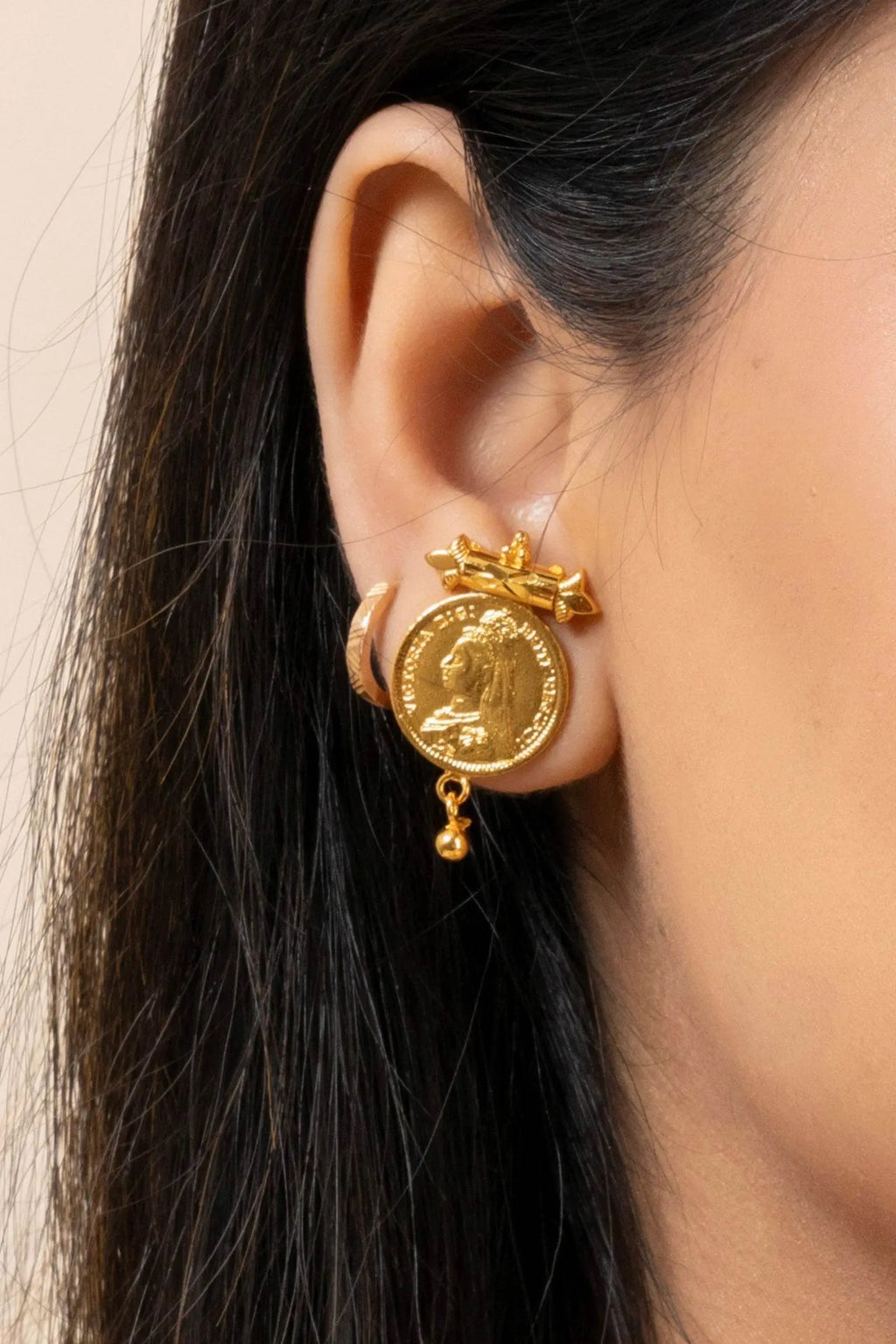 Gold Plated Victorian Coin Necklace with Red Tassel & Coin Stud Earrings Jewelry Set - Lookandadorn.com