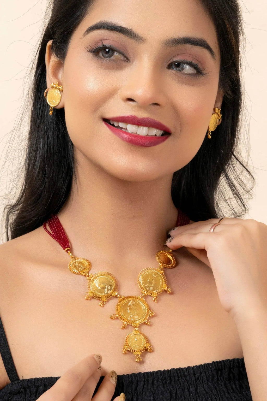 Gold Plated Victorian Coin Necklace with Red Tassel & Coin Stud Earrings Jewelry Set - Lookandadorn.com