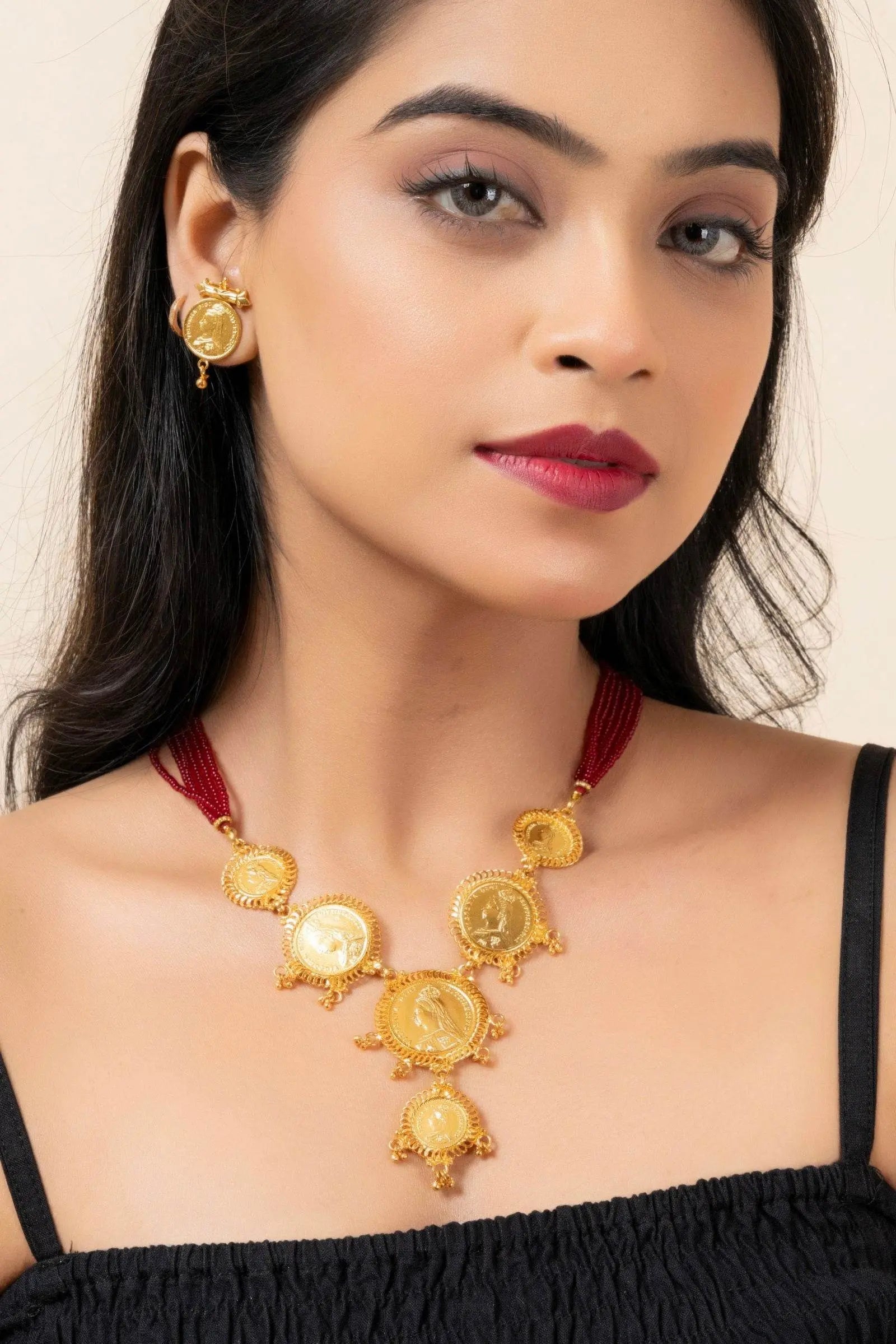 Gold Plated Victorian Coin Necklace with Red Tassel & Coin Stud Earrings Jewelry Set - Lookandadorn.com
