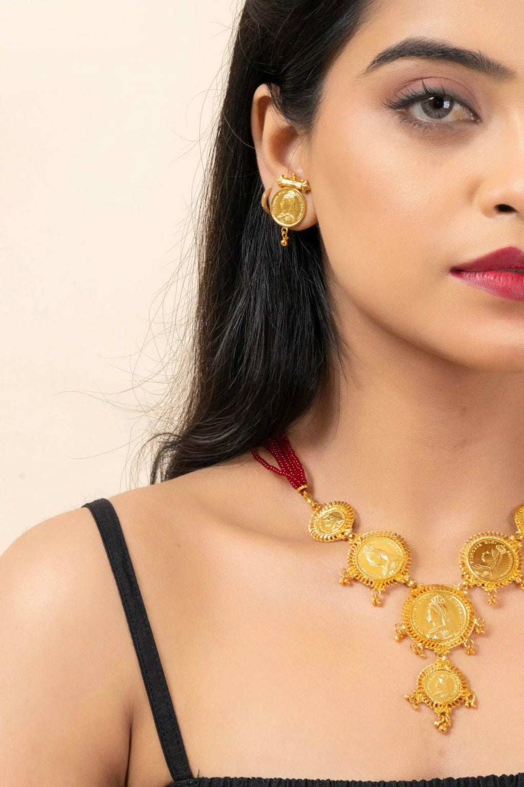 Gold Plated Victorian Coin Necklace with Red Tassel & Coin Stud Earrings Jewelry Set - Lookandadorn.com