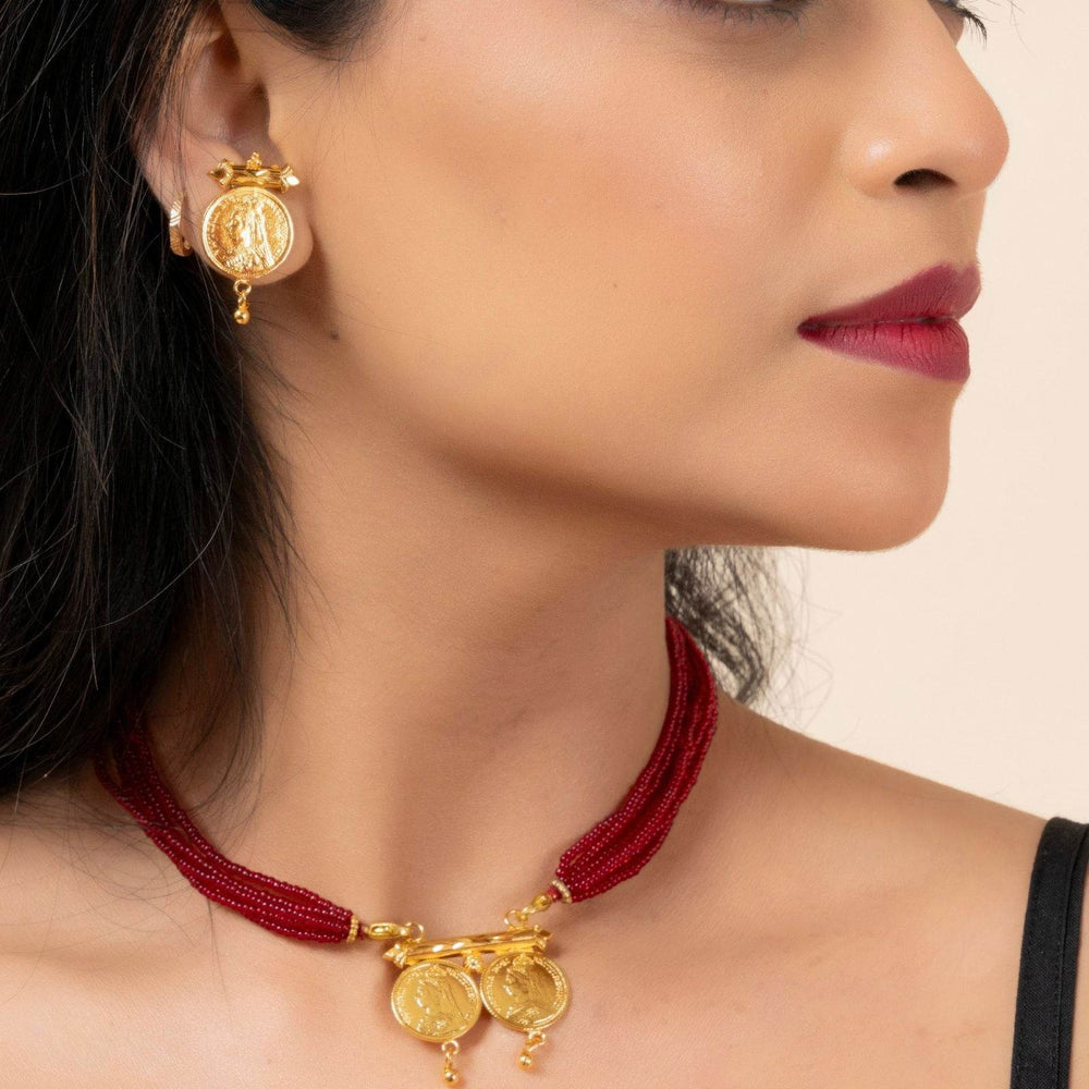 Gold Plated Victorian Double Coin Mangalsutra Necklace with Red Tassel and Coin Stud Earrings Jewelry Set - Lookandadorn.com