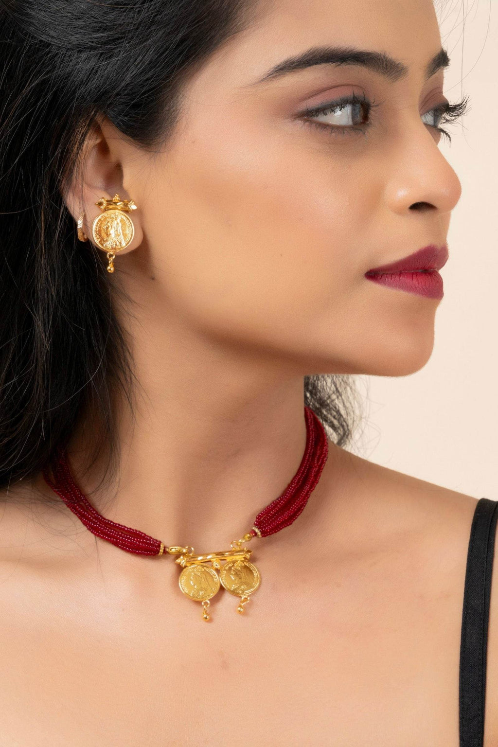 Gold Plated Victorian Double Coin Mangalsutra Necklace with Red Tassel and Coin Stud Earrings Jewelry Set - Lookandadorn.com
