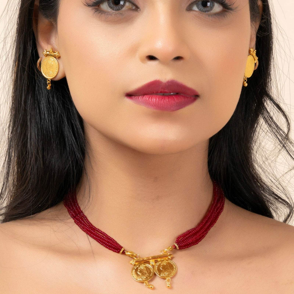 Gold Plated Victorian Double Coin Mangalsutra Necklace with Red Tassel and Coin Stud Earrings Jewelry Set - Lookandadorn.com