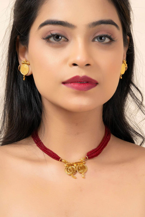 Gold Plated Victorian Double Coin Mangalsutra Necklace with Red Tassel and Coin Stud Earrings Jewelry Set - Lookandadorn.com