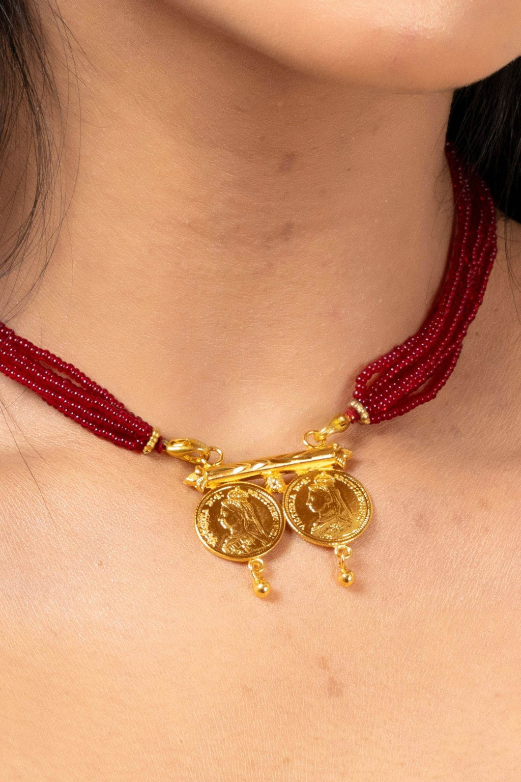 Gold Plated Victorian Double Coin Mangalsutra Necklace with Red Tassel and Coin Stud Earrings Jewelry Set - Lookandadorn.com