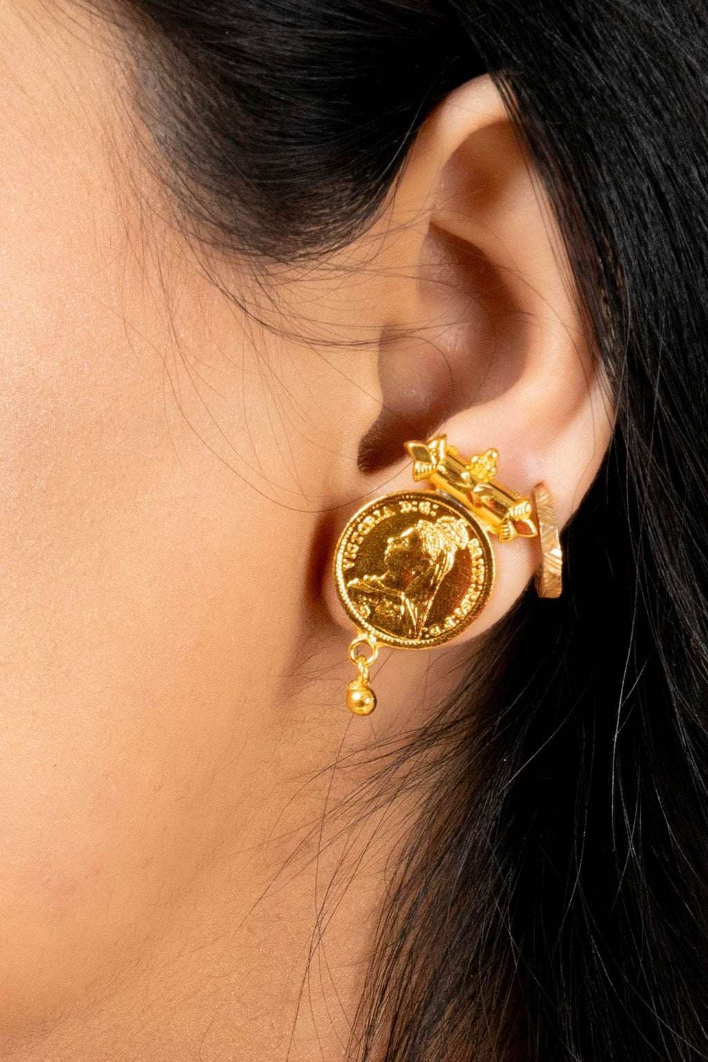 Gold Plated Victorian Double Coin Mangalsutra Necklace with Red Tassel and Coin Stud Earrings Jewelry Set - Lookandadorn.com