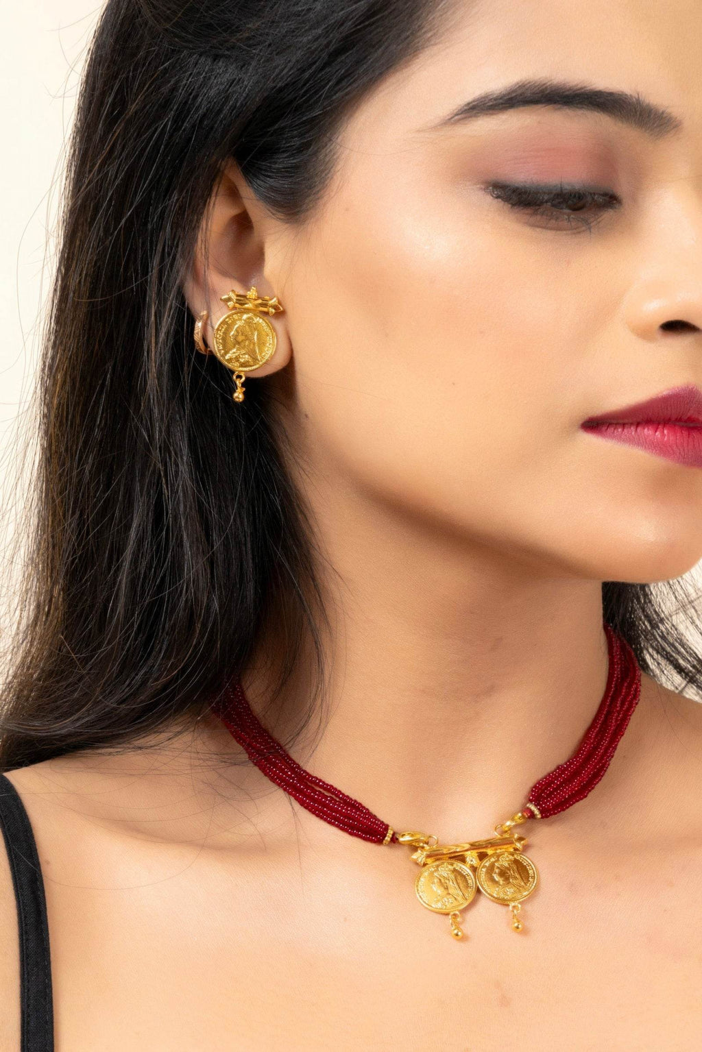 Gold Plated Victorian Double Coin Mangalsutra Necklace with Red Tassel and Coin Stud Earrings Jewelry Set - Lookandadorn.com