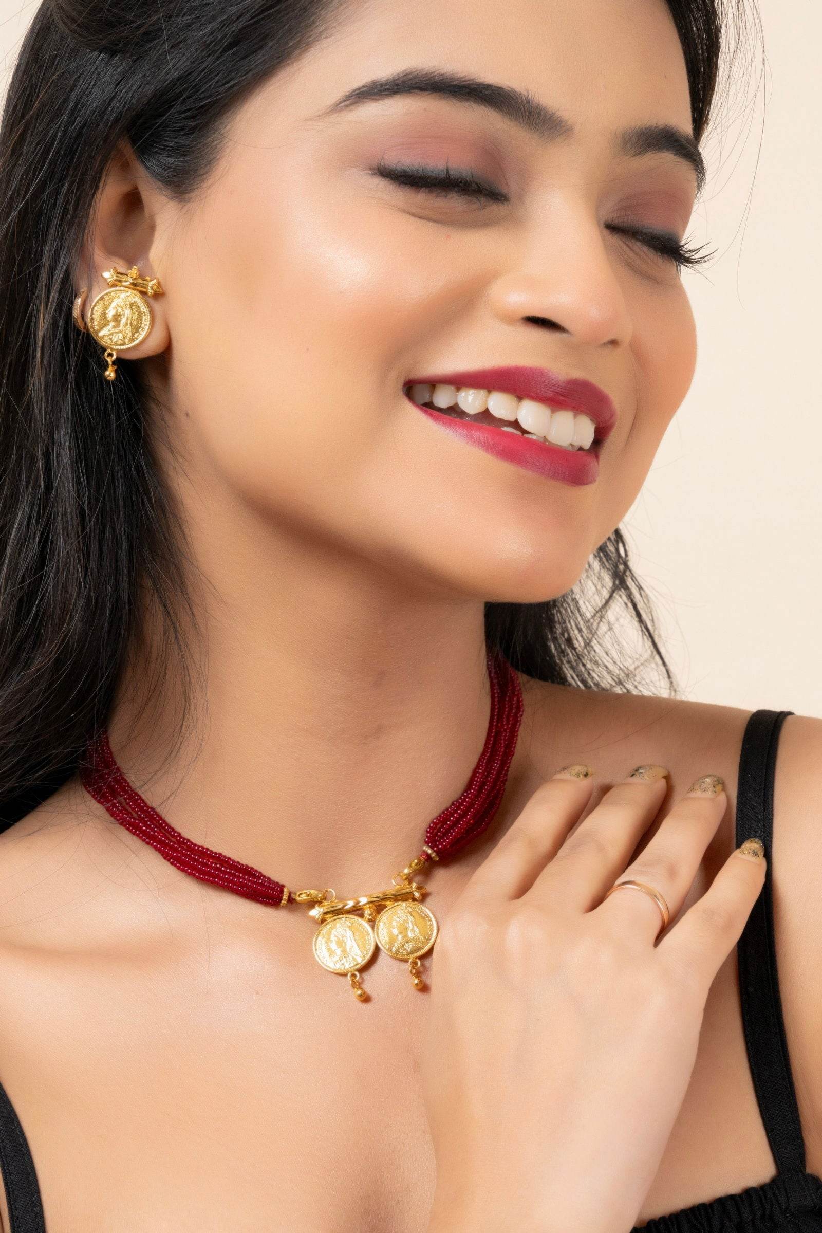 Gold Plated Victorian Double Coin Mangalsutra Necklace with Red Tassel and Coin Stud Earrings Jewelry Set - Lookandadorn.com