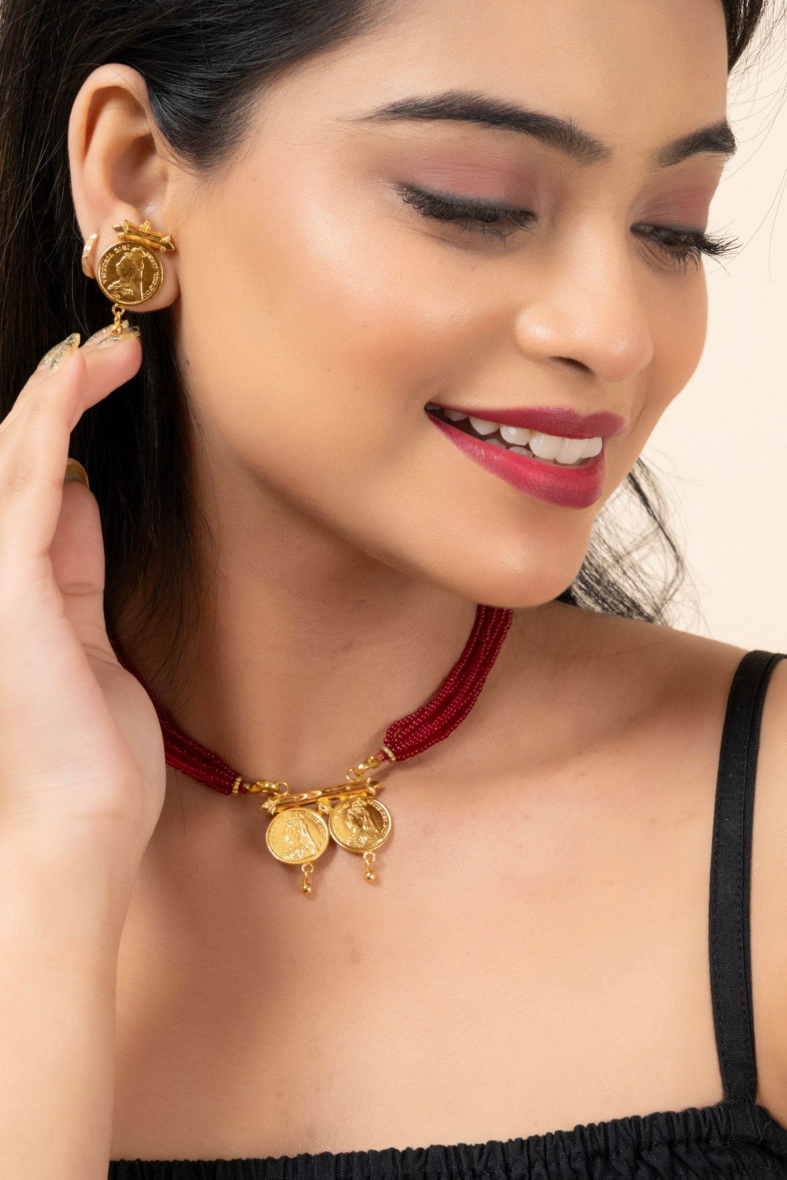 Gold Plated Victorian Double Coin Mangalsutra Necklace with Red Tassel and Coin Stud Earrings Jewelry Set - Lookandadorn.com