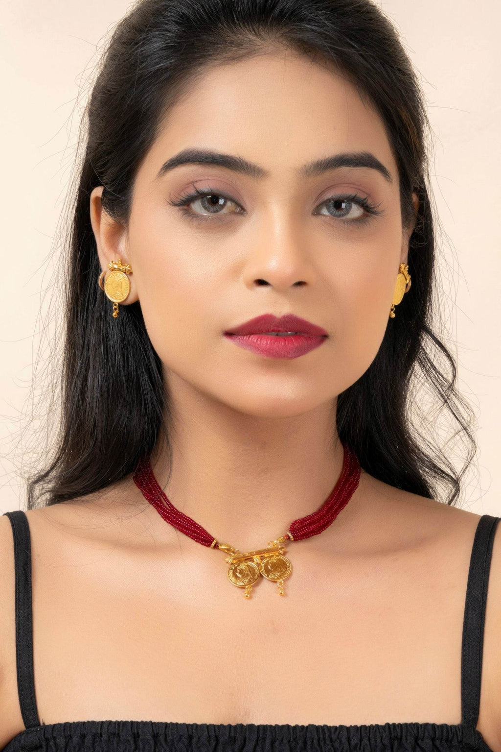 Gold Plated Victorian Double Coin Mangalsutra Necklace with Red Tassel and Coin Stud Earrings Jewelry Set - Lookandadorn.com