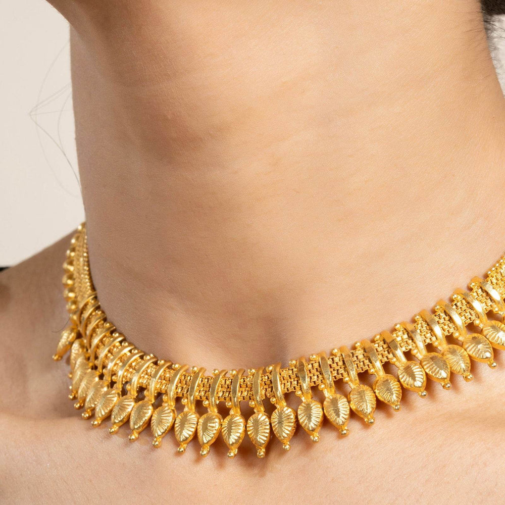Gold Plated Leaf Necklace with Matching Stud Earrings Jewelry Set - Exquisite Jewelry - Lookandadorn.com