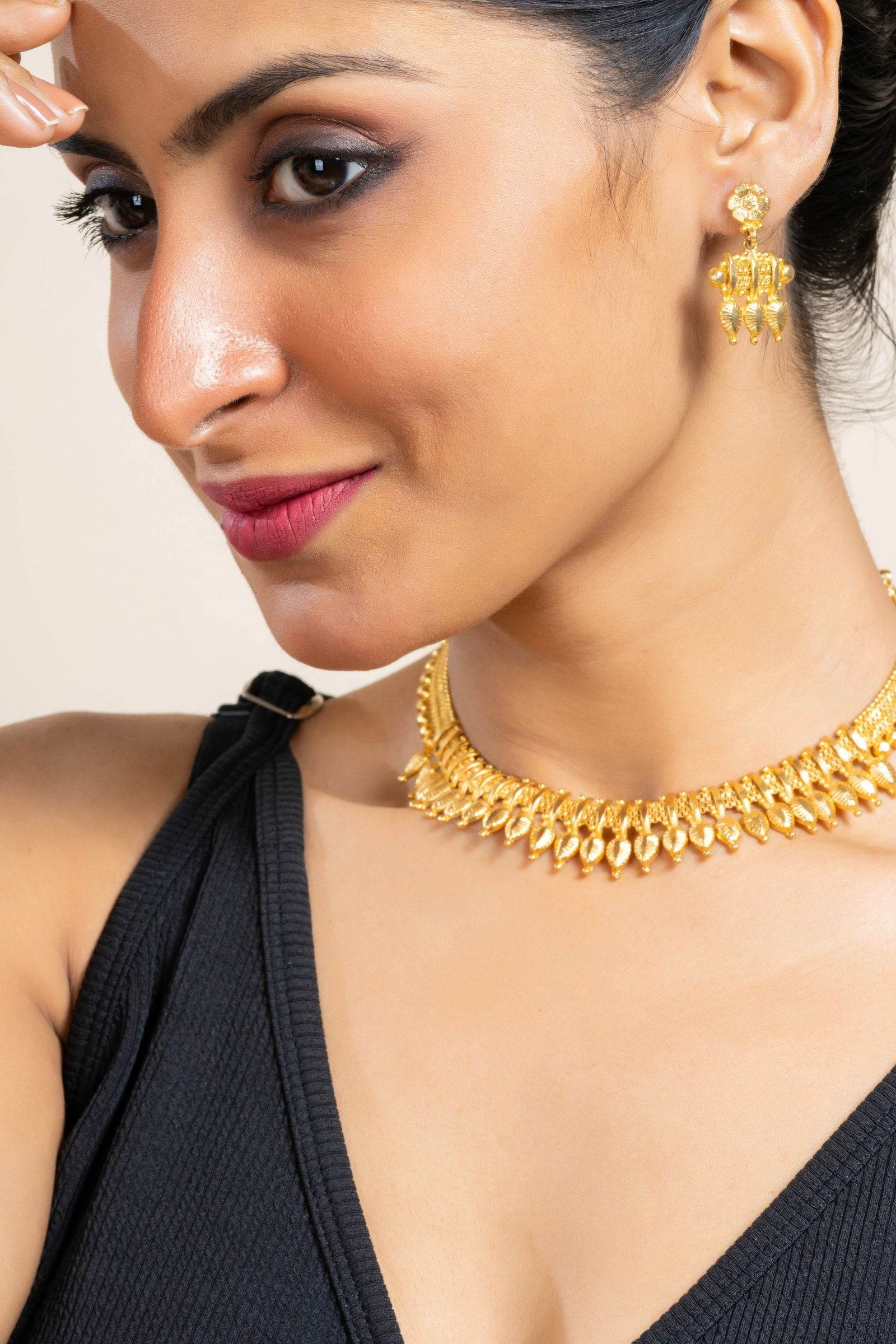 Gold Plated Leaf Necklace with Matching Stud Earrings Jewelry Set - Exquisite Jewelry - Lookandadorn.com