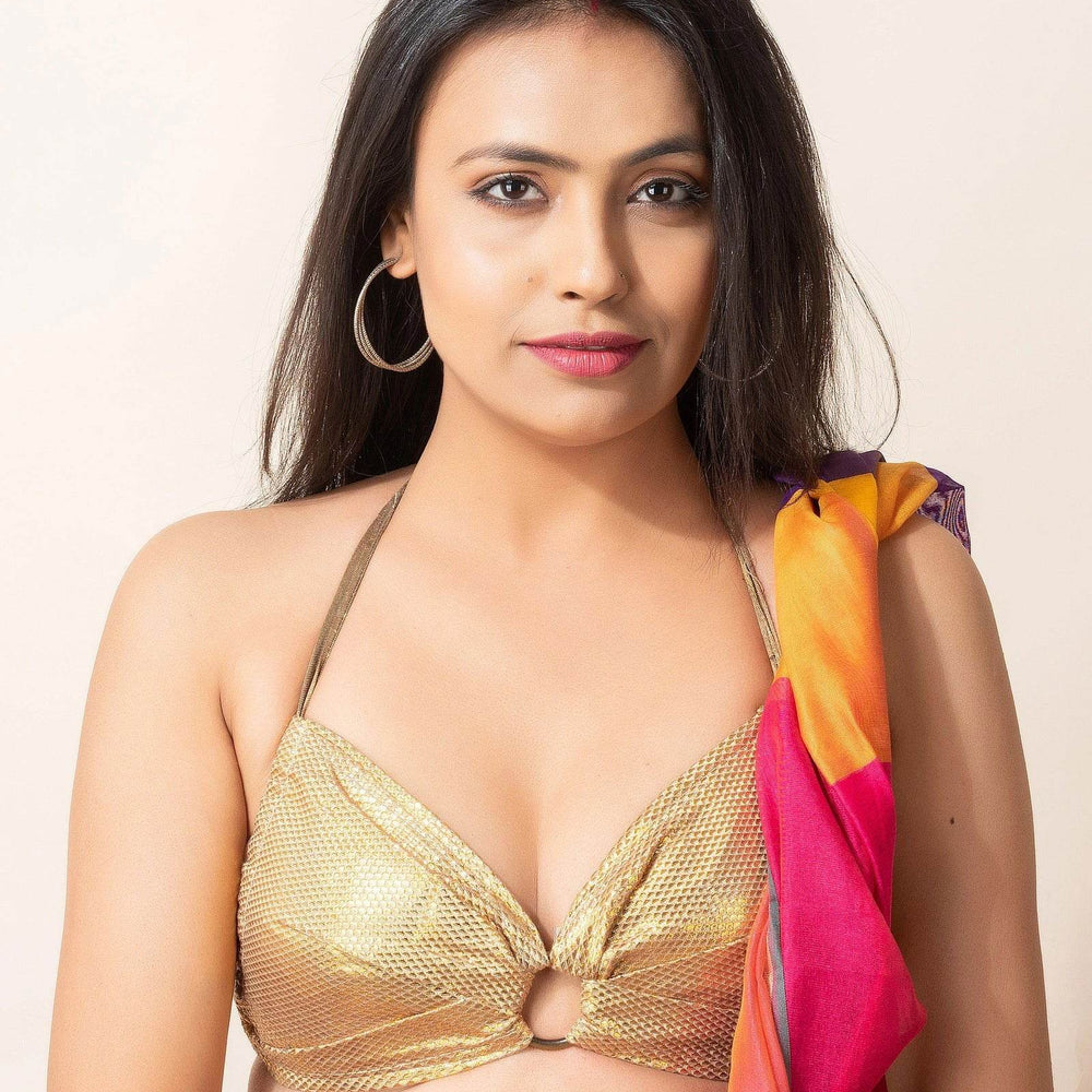 Designer Golden Brocade Fabric Backless Halter Neck Bikini Blouse - Non-Padded - Lookandadorn.com