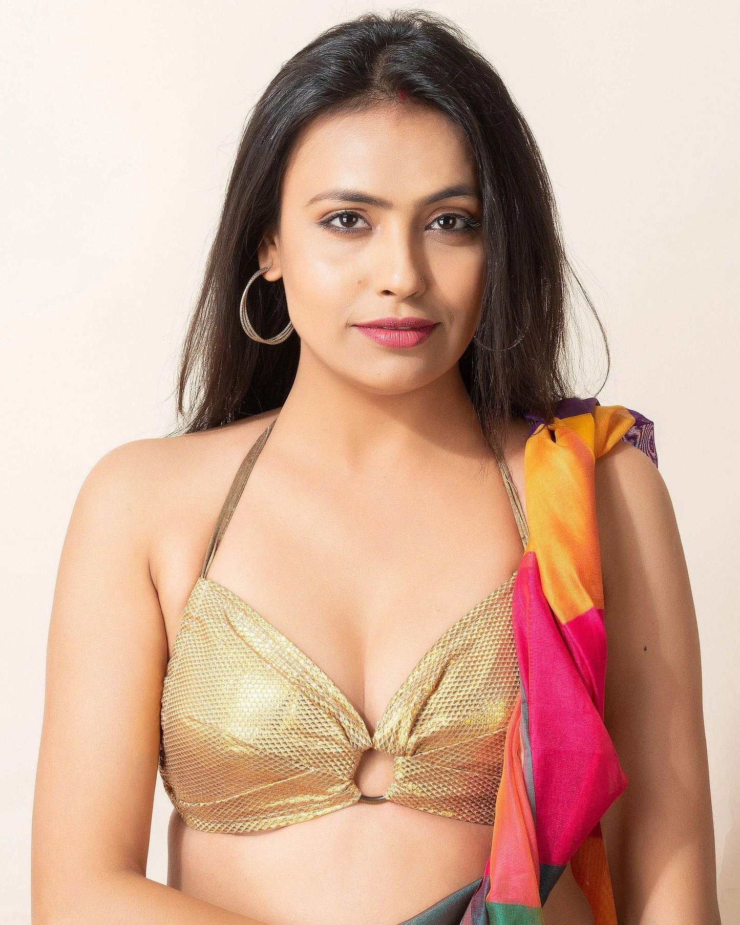 Designer Golden Brocade Fabric Backless Halter Neck Bikini Blouse - Non-Padded - Lookandadorn.com
