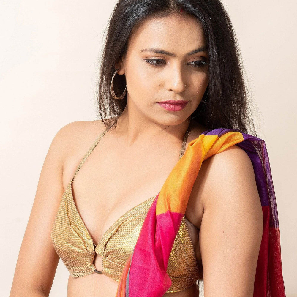 Designer Golden Brocade Fabric Backless Halter Neck Bikini Blouse - Non-Padded - Lookandadorn.com