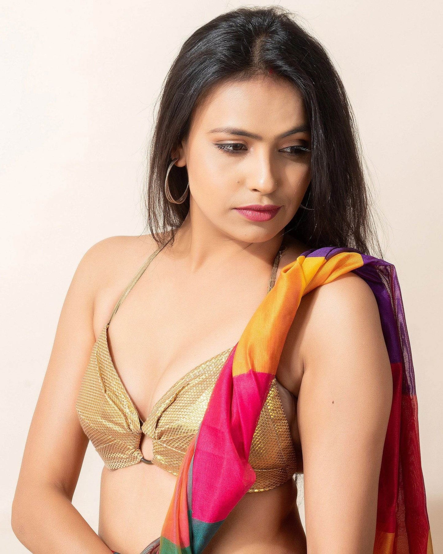 Designer Golden Brocade Fabric Backless Halter Neck Bikini Blouse - Non-Padded - Lookandadorn.com