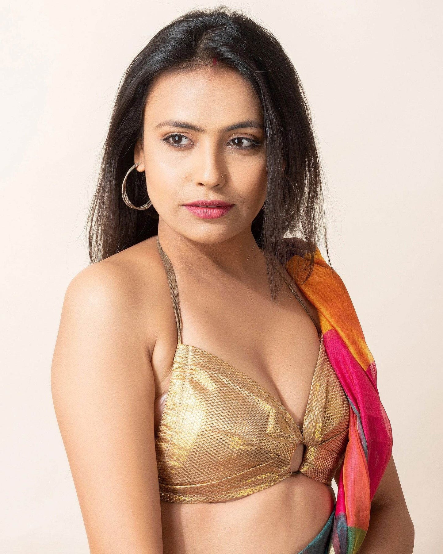 Designer Golden Brocade Fabric Backless Halter Neck Bikini Blouse - Non-Padded - Lookandadorn.com