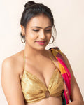 Golden Brocade Paisley Design Backless Halter Bikini Blouse - Non-Padded - Lookandadorn.com