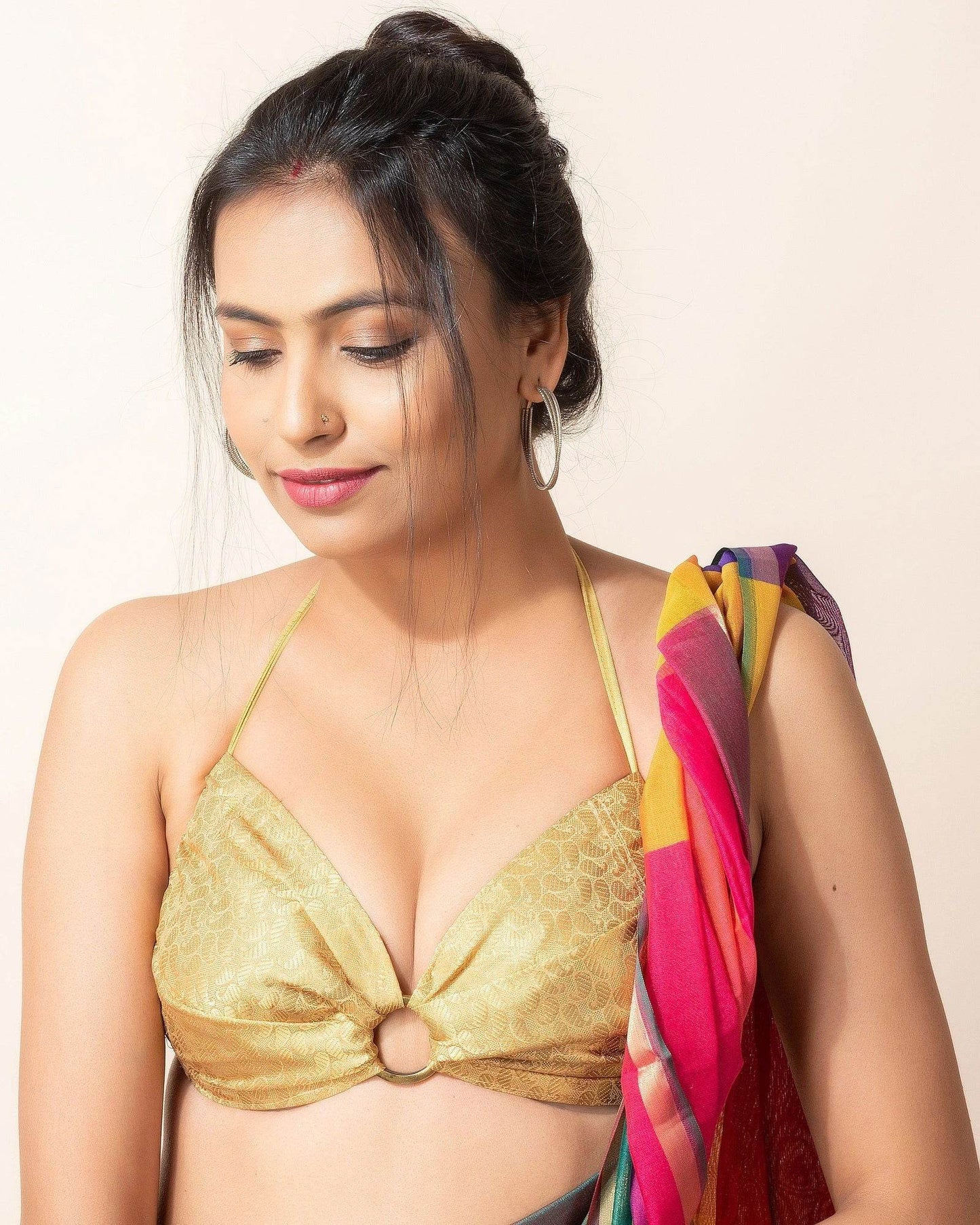 Golden Brocade Paisley Design Backless Halter Bikini Blouse - Non-Padded - Lookandadorn.com