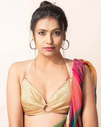 Designer Golden Brocade Fabric Flower Design Backless Halter Bikini Blouse, Non-Padded - Lookandadorn.com